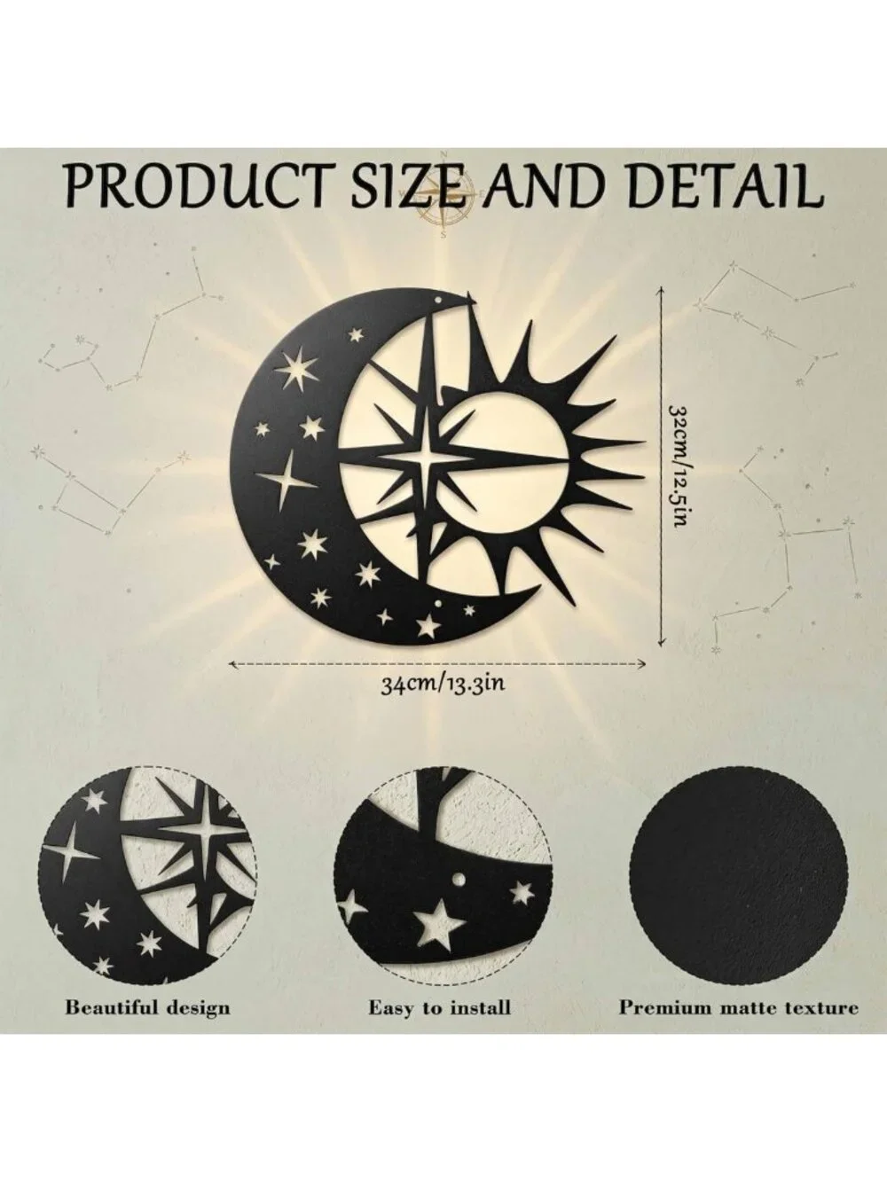 Celestial Metal Sun & Moon Wall Art Decor - Matte Black Stars & Sculpture for